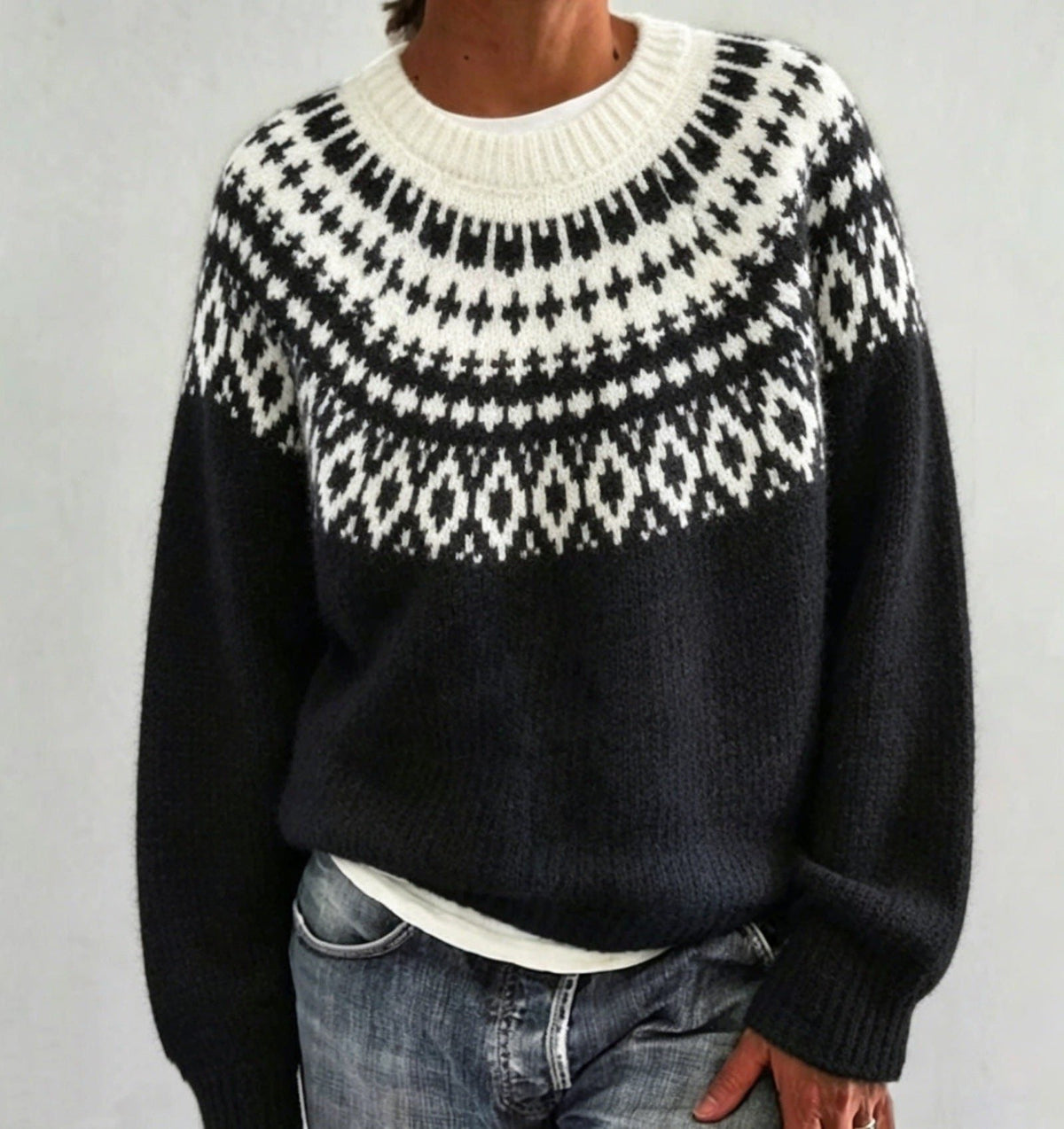 Women's Crewneck Sweater with Geometric Knit Yoke - Black