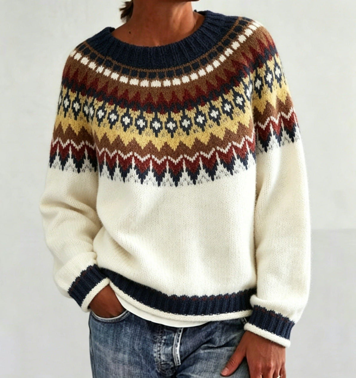 Women's Crewneck Sweater with Geometric Knit Yoke - Cream