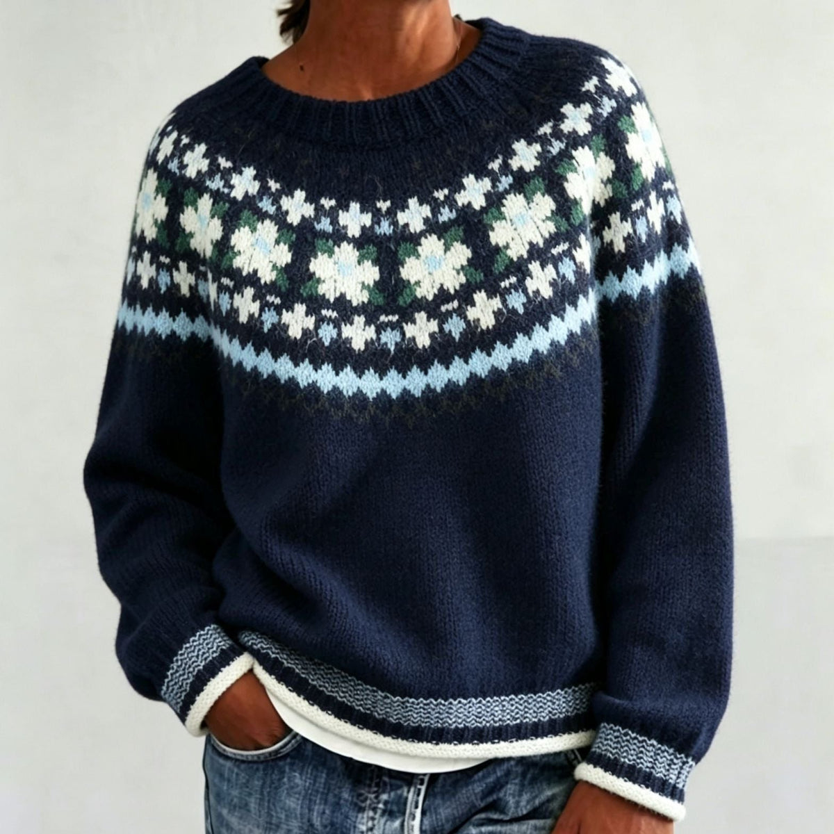 Women's Crewneck Sweater with Geometric Knit Yoke - Navy Blue