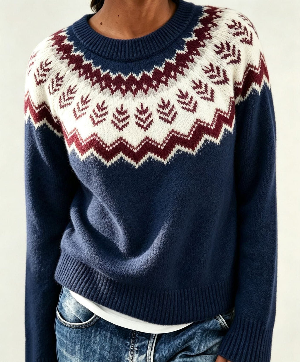 Women's Crewneck Sweater with Geometric Knit Yoke - Dark Blue