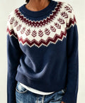 Women's Crewneck Sweater with Geometric Knit Yoke - Dark Blue