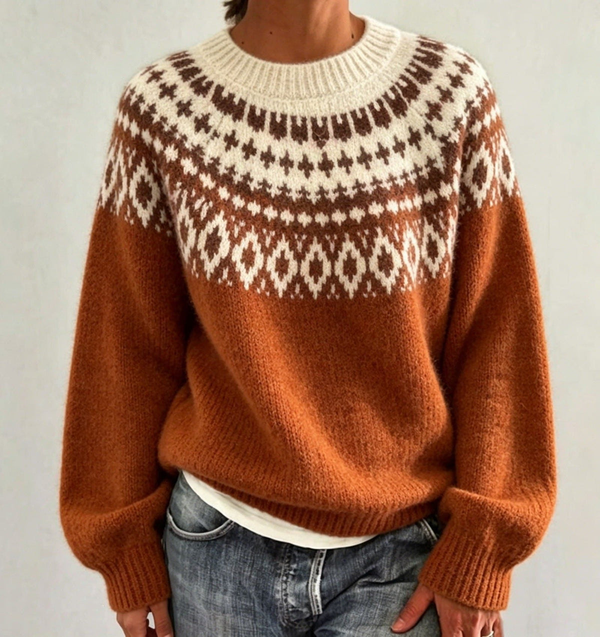 Women's Crewneck Sweater with Geometric Knit Yoke - Brick Red