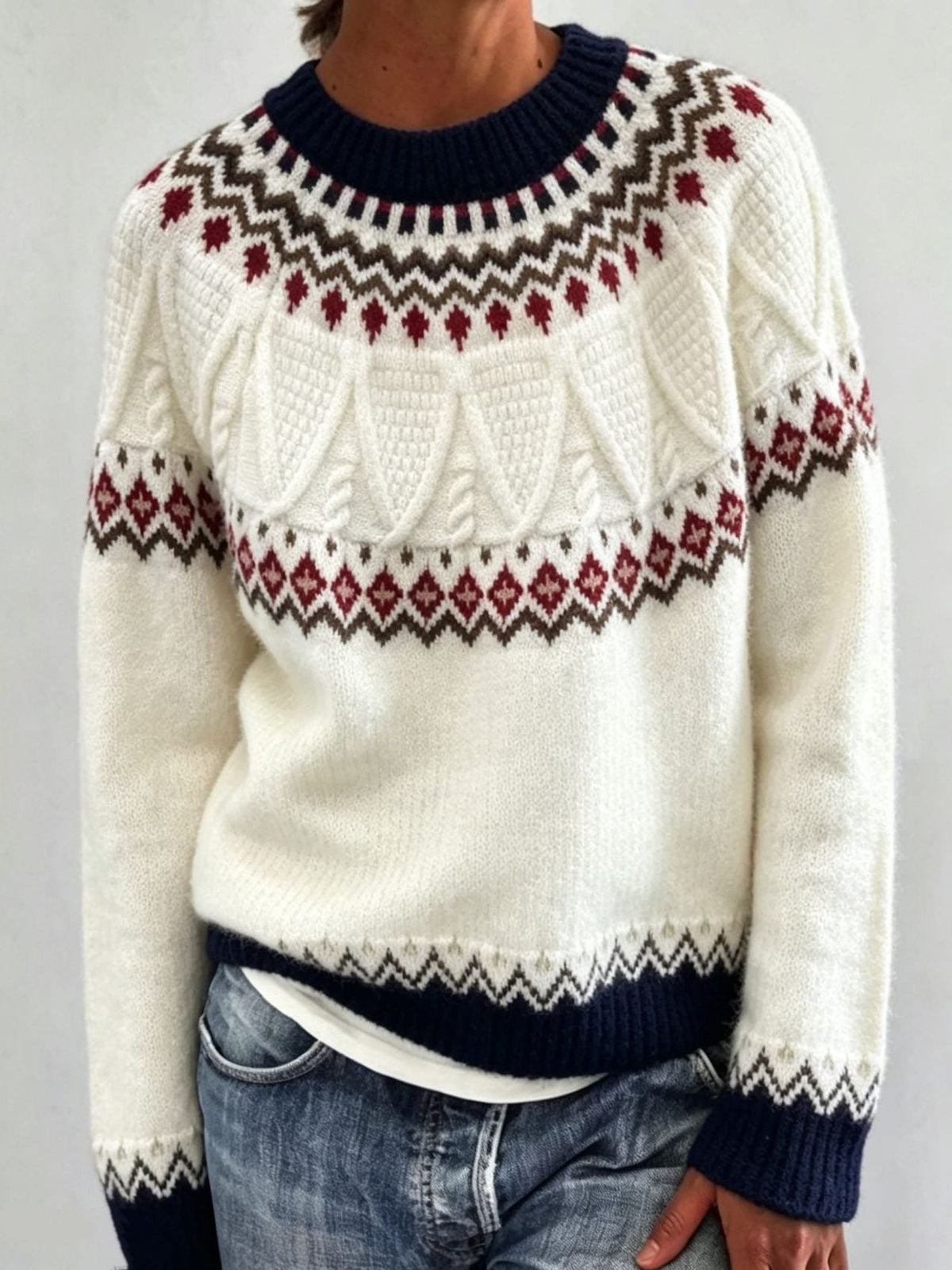 Women's Crewneck Sweater with Geometric Knit Yoke - Cream White