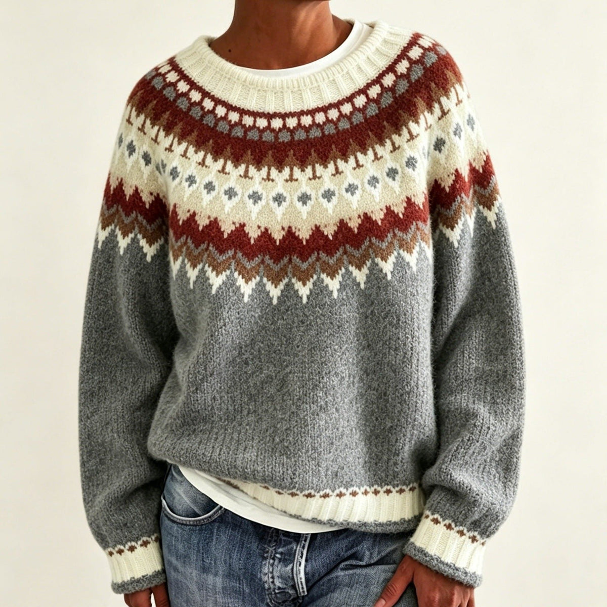 Women's Crewneck Sweater with Geometric Knit Yoke - Cream Gray