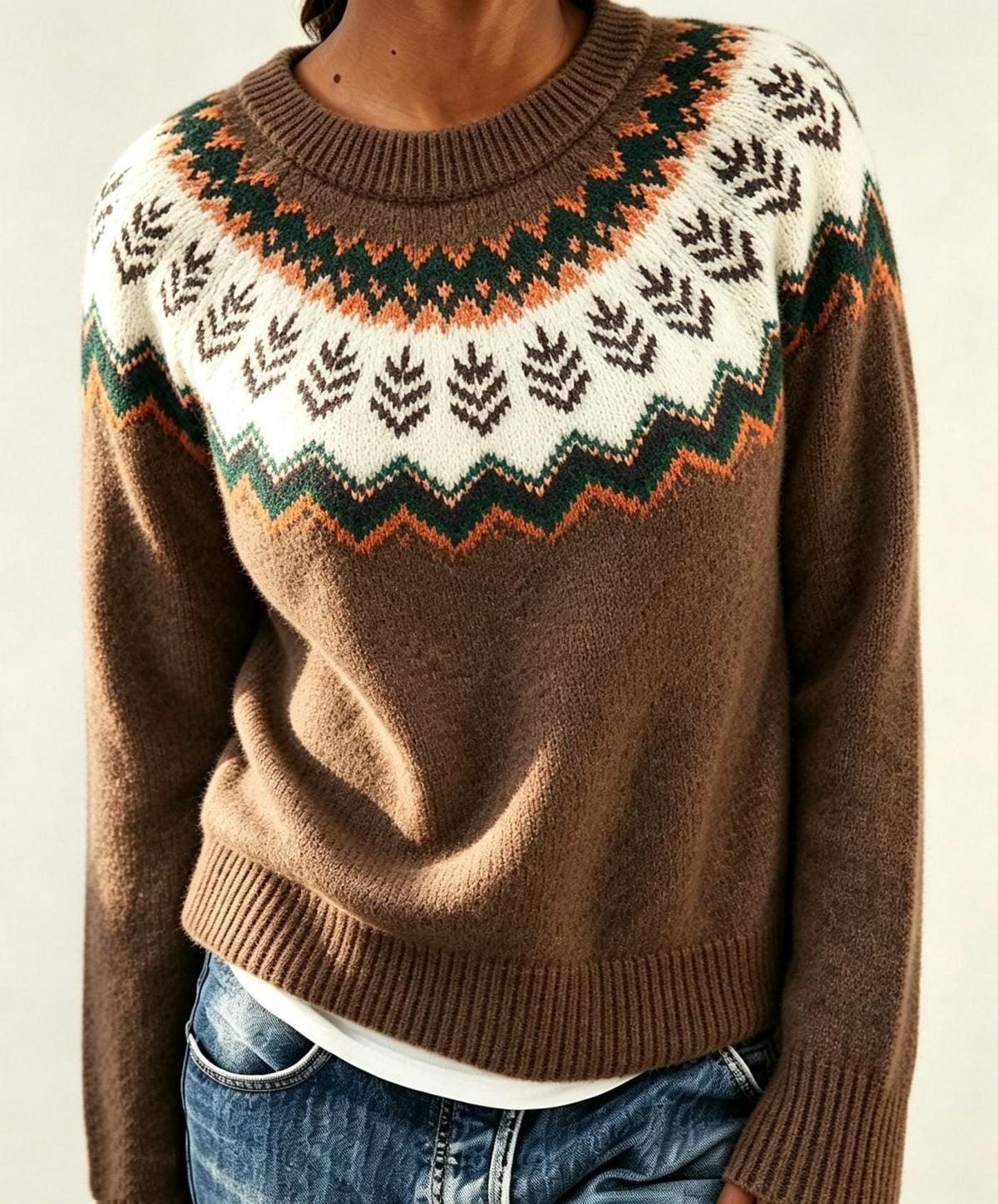 Women's Crewneck Sweater with Geometric Knit Yoke - Brown
