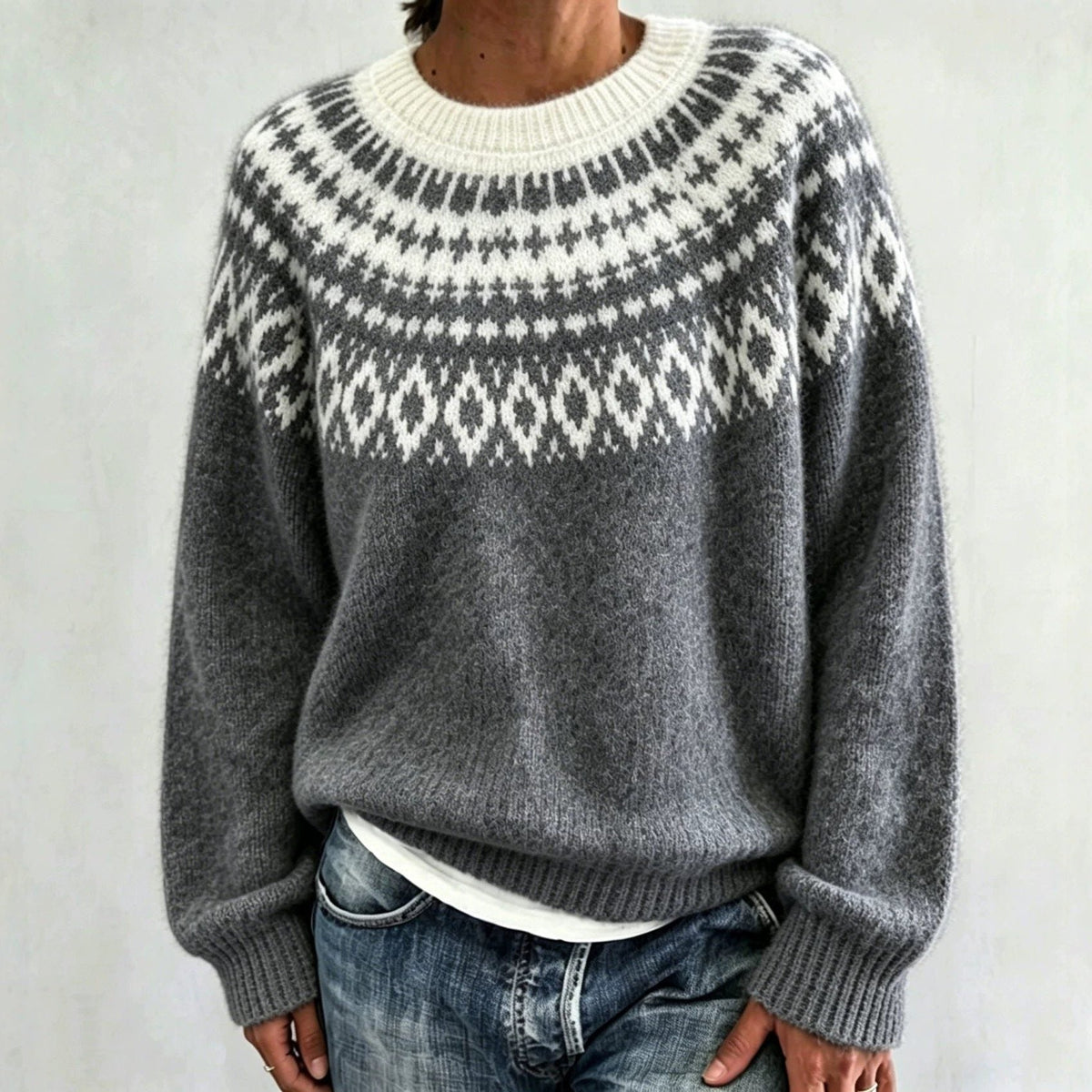 Women's Crewneck Sweater with Geometric Knit Yoke