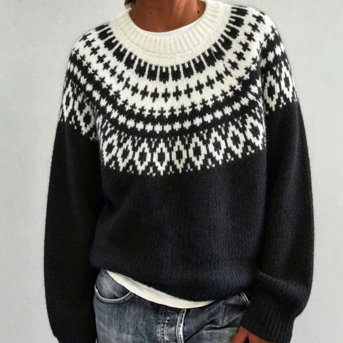 Women's Crewneck Sweater with Geometric Knit Yoke