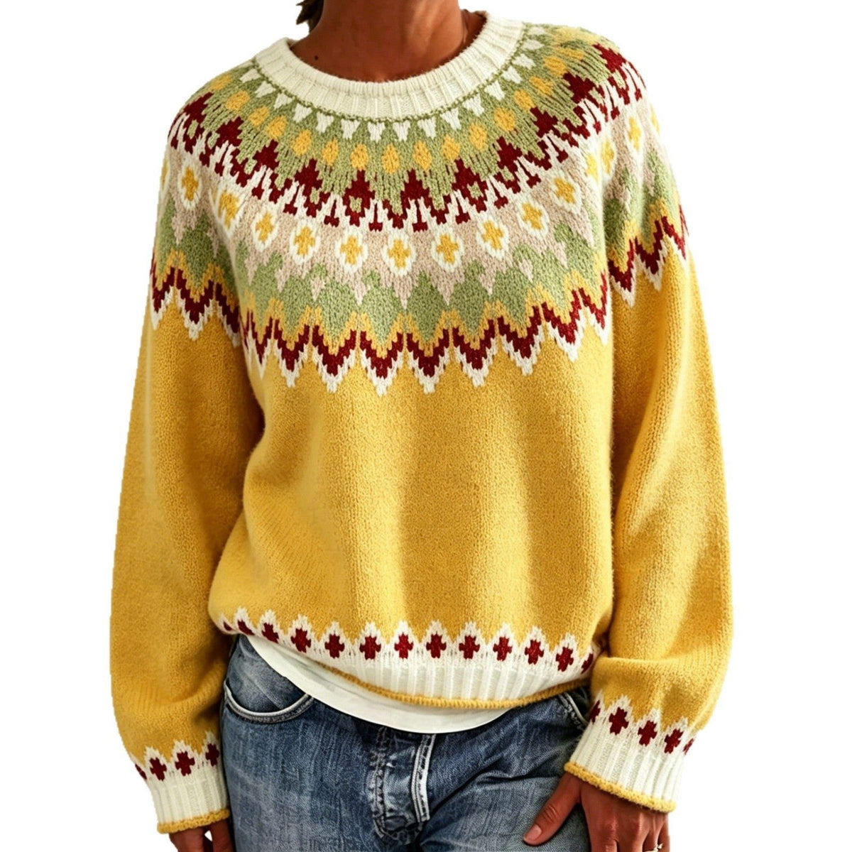 Women's Crewneck Sweater with Geometric Knit Yoke