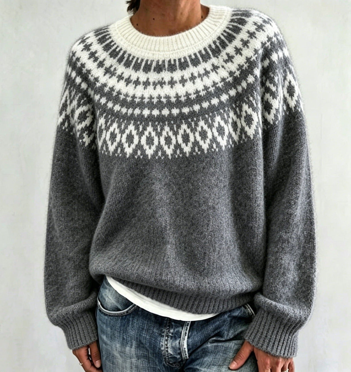 Women's Crewneck Sweater with Geometric Knit Yoke - Dark Gray