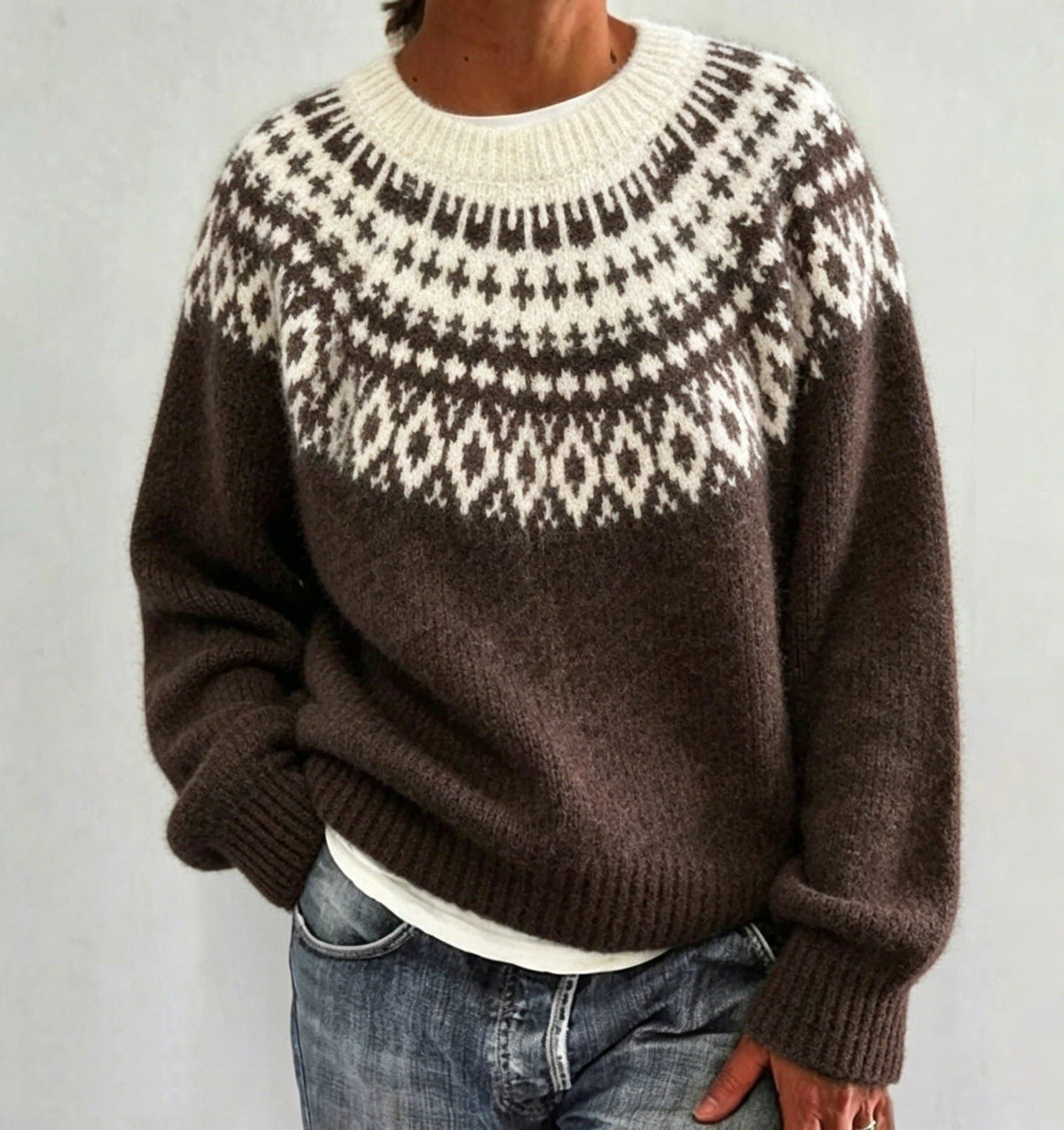 Women's Crewneck Sweater with Geometric Knit Yoke - Dark Brown