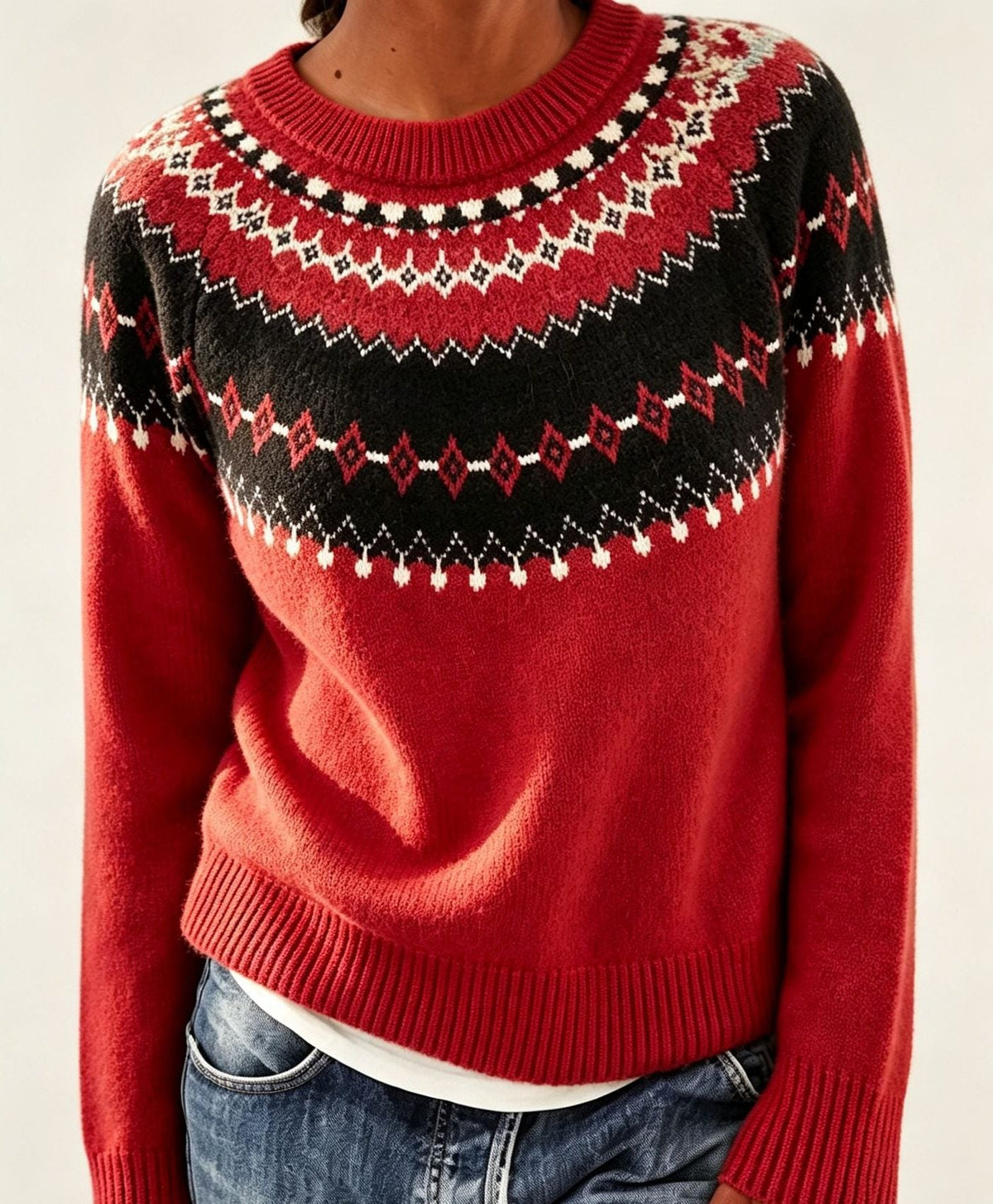 Women's Crewneck Sweater with Geometric Knit Yoke - Red