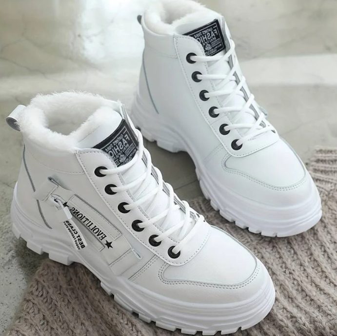 Women's Fuzzy Lined Athletic-Style Lace-Up Winter Booties - White