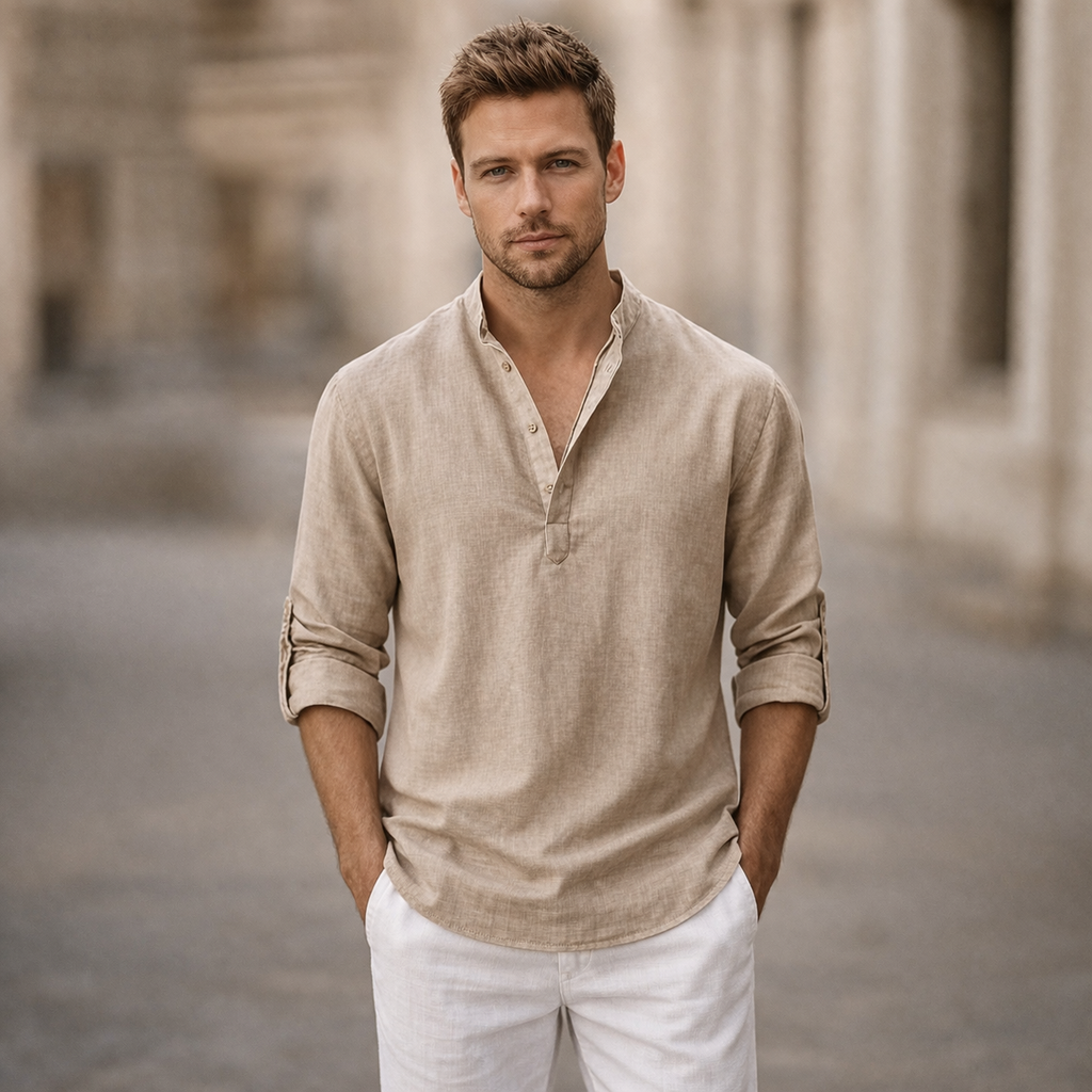 Men's Linen Shirt Stand Collar Roll Sleeve Casual Top