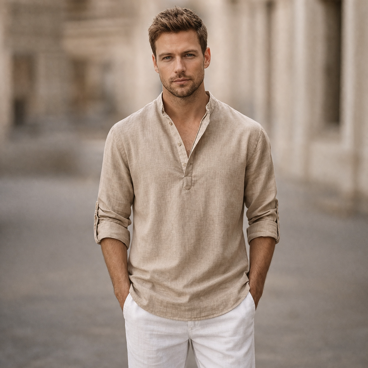 Men's Linen Shirt Stand Collar Roll Sleeve Casual Top