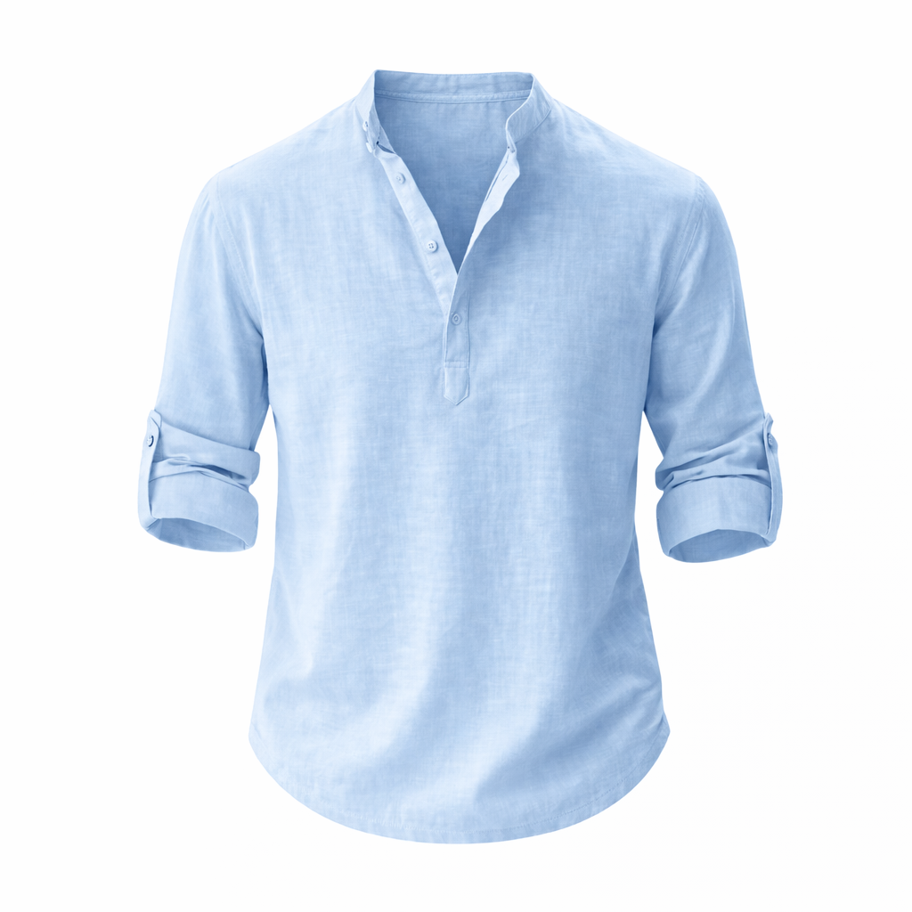 Men's Linen Shirt Stand Collar Roll Sleeve Casual Top