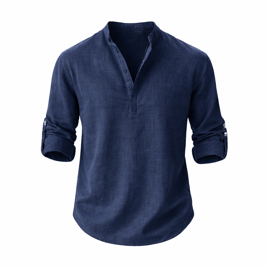 Men's Linen Shirt Stand Collar Roll Sleeve Casual Top