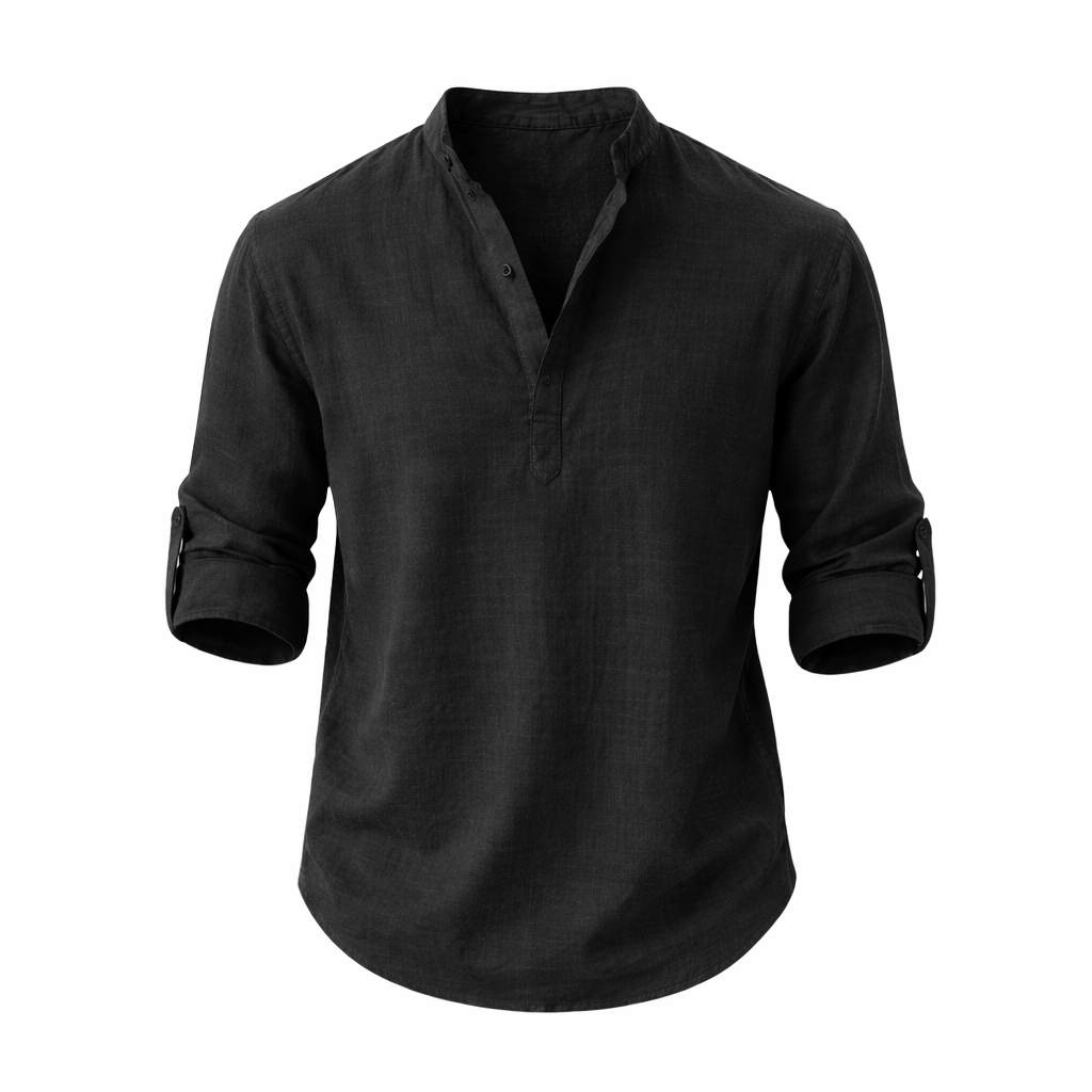 Men's Linen Shirt Stand Collar Roll Sleeve Casual Top