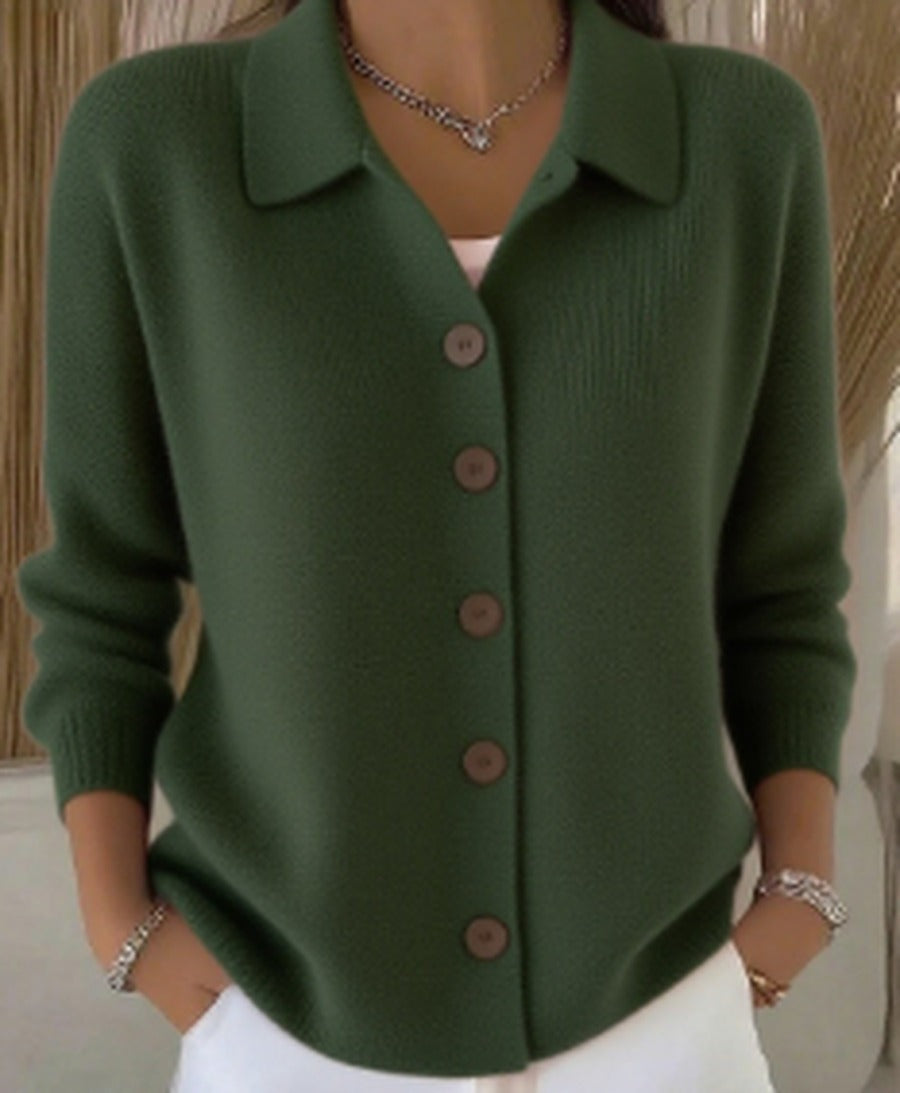 Women's Collared Button-Front Cardigan in Soft Knit – Dark Green