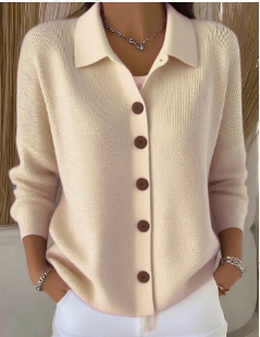 Women's Collared Button-Front Cardigan in Soft Knit – Beige