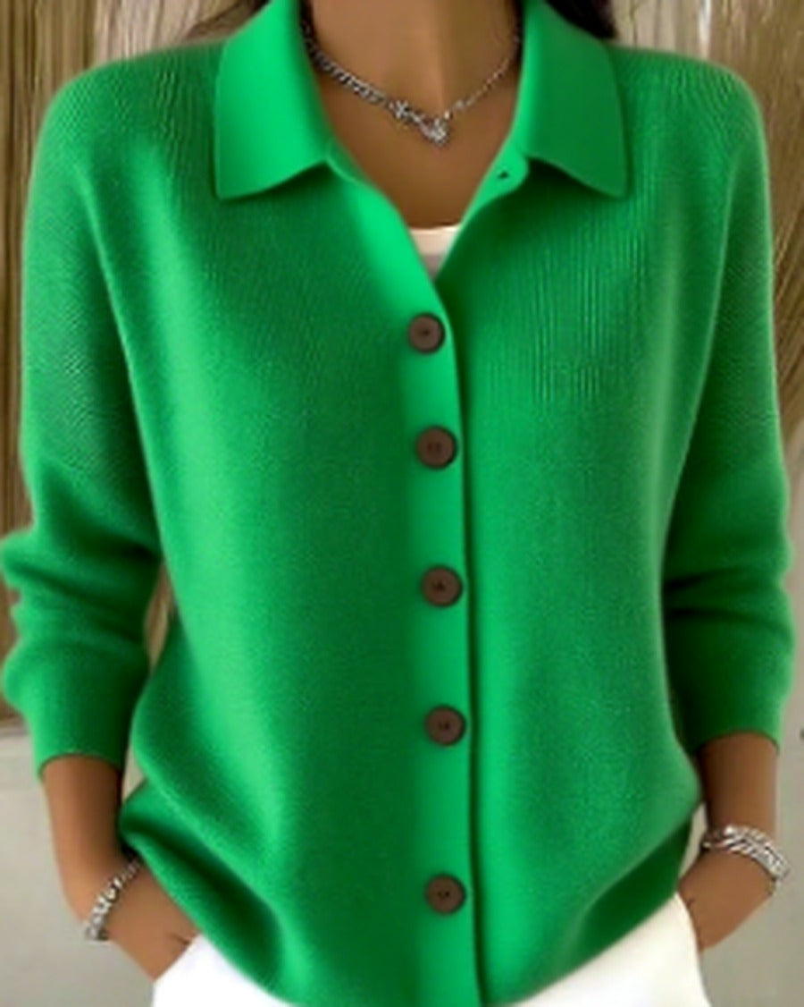 Women's Collared Button-Front Cardigan in Soft Knit – Green
