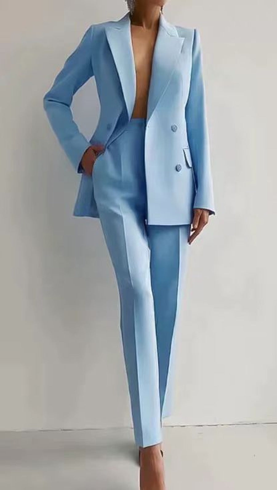 Women's Peak Lapel Blazer and Slim Pants Suit Set – Light Blue