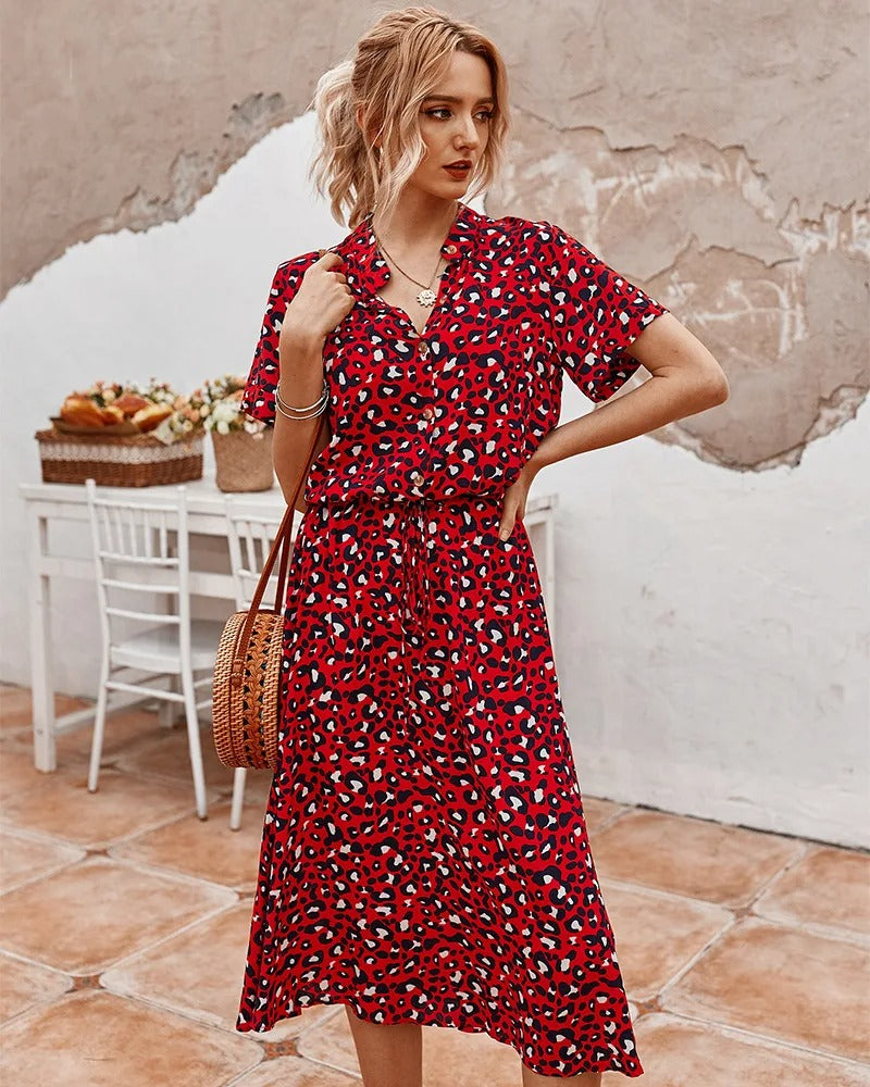 Women's Midi Summer Dress Adjustable Waist Lightweight Printed