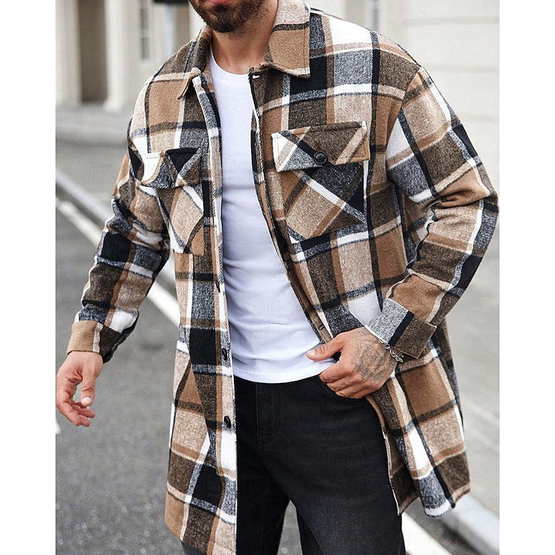 Women's Plaid Button-Up Shacket with Utility Pockets - Khaki