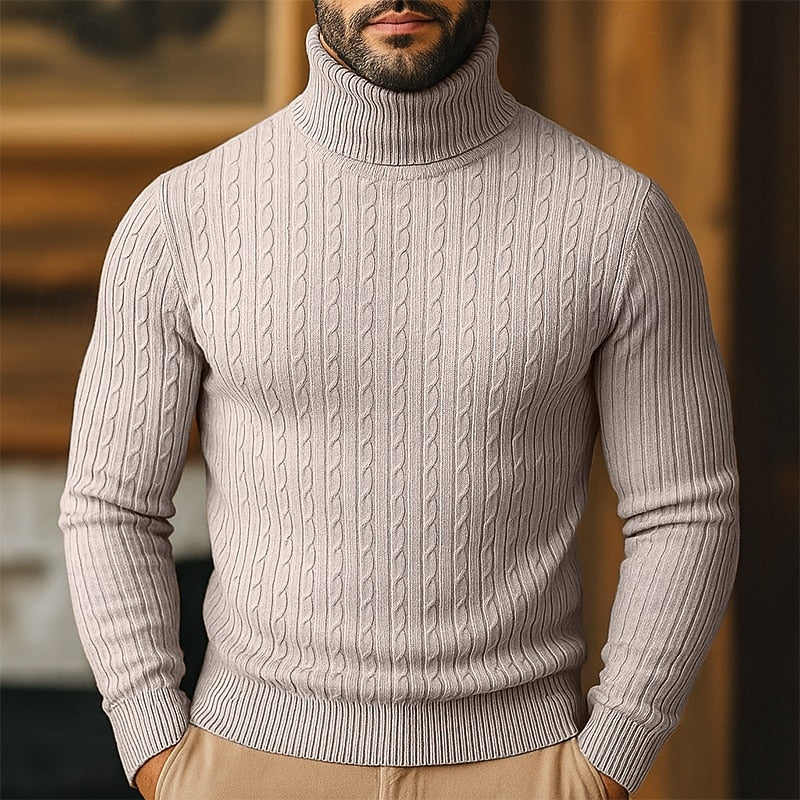 Men's Slim-Fit Turtleneck Sweater with Twisted Cable Texture - Beige
