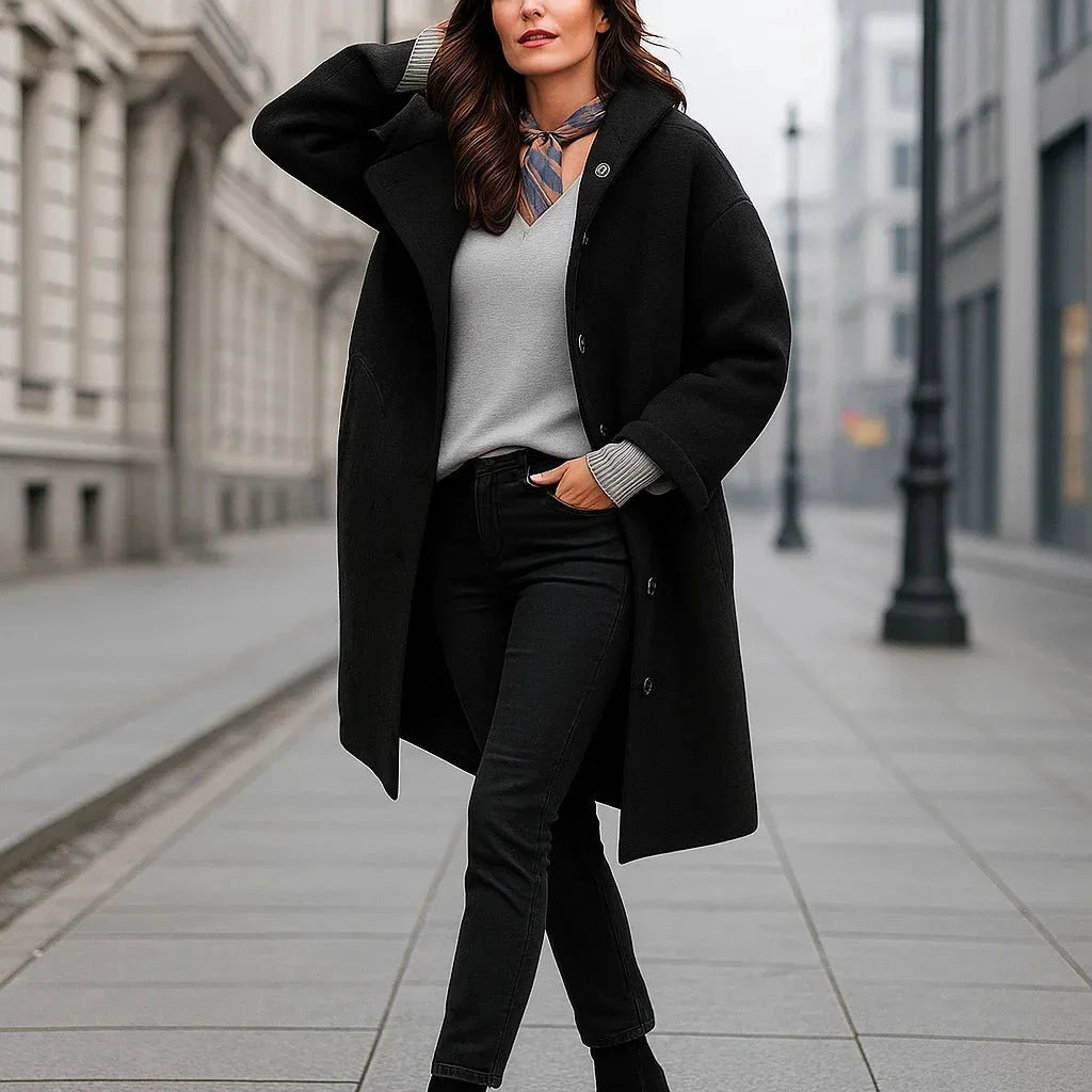 Women's Button-Up Wool Topcoat with a Roomy Fit - Black