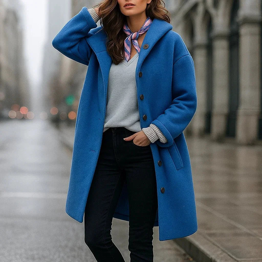 Women's Button-Up Wool Topcoat with a Roomy Fit - Blue