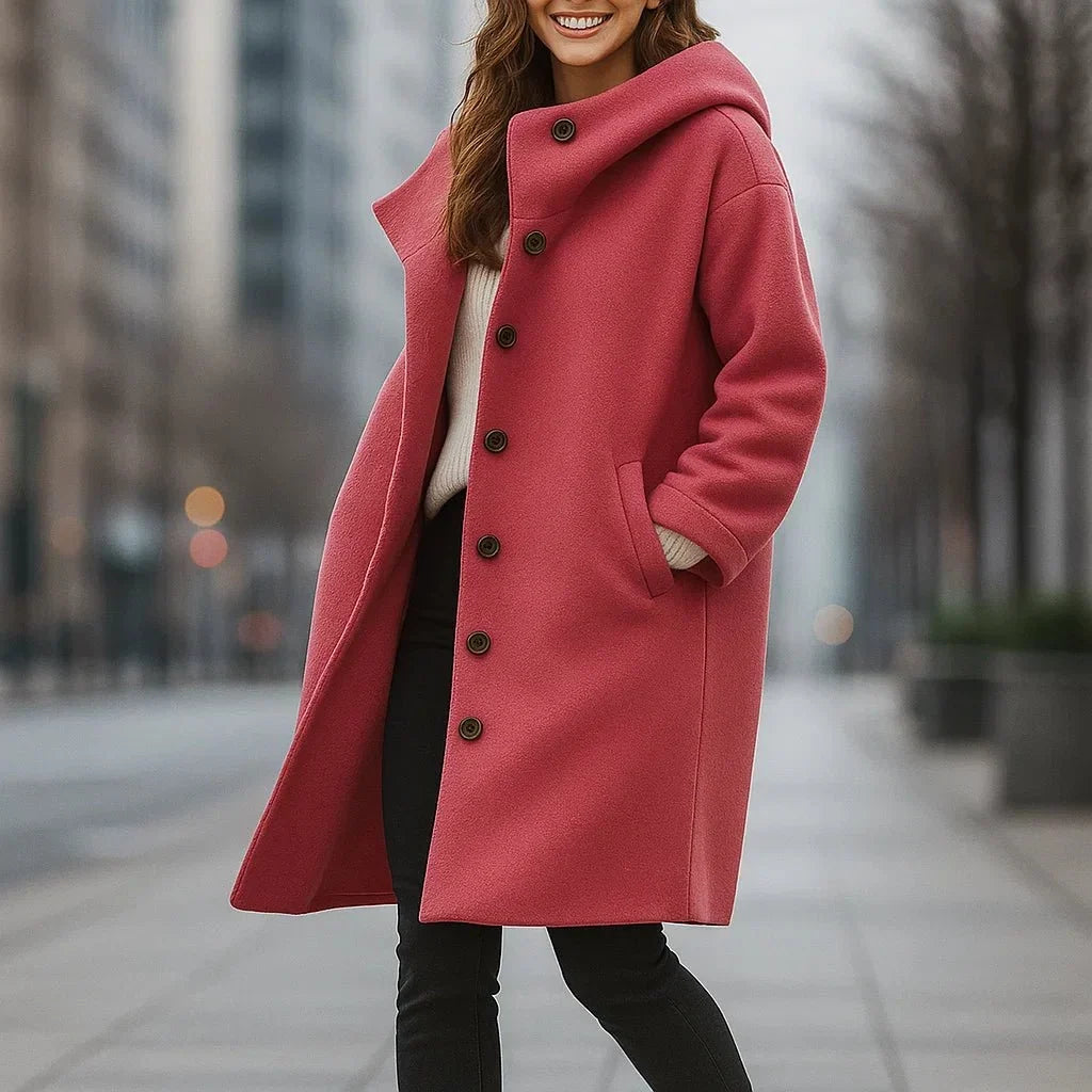 Women's Button-Up Wool Topcoat with a Roomy Fit - Pink