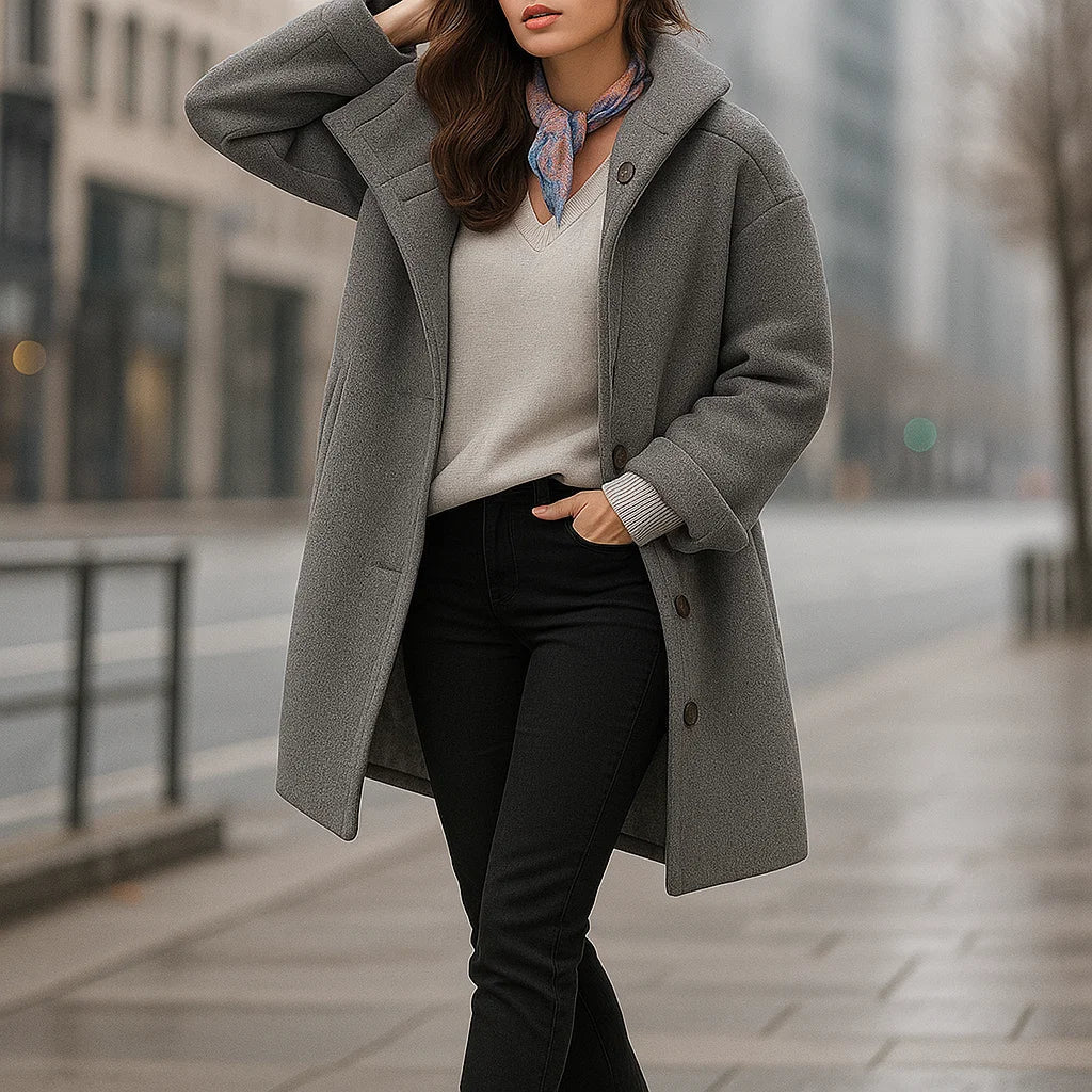 Women's Button-Up Wool Topcoat with a Roomy Fit - Gray