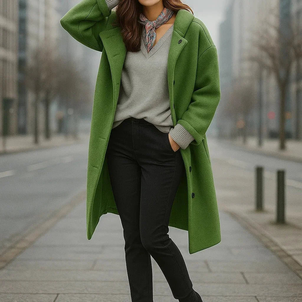 Women's Button-Up Wool Topcoat with a Roomy Fit - Green