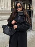 Women's Wool-Look Double-Breasted Overcoat with Tie Belt - Black