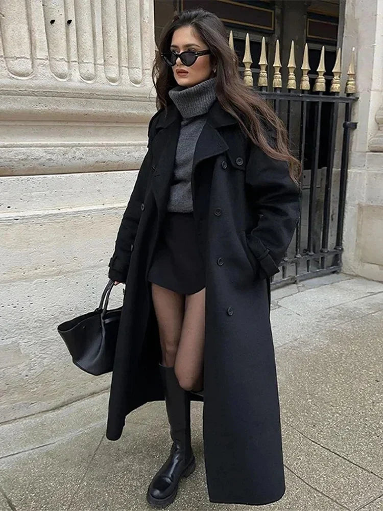 Women's Wool-Look Double-Breasted Overcoat with Tie Belt