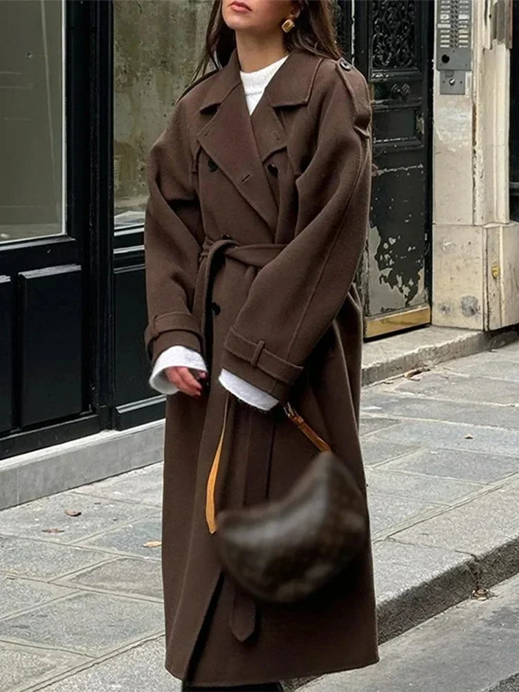 Women's Wool-Look Double-Breasted Overcoat with Tie Belt - Brown