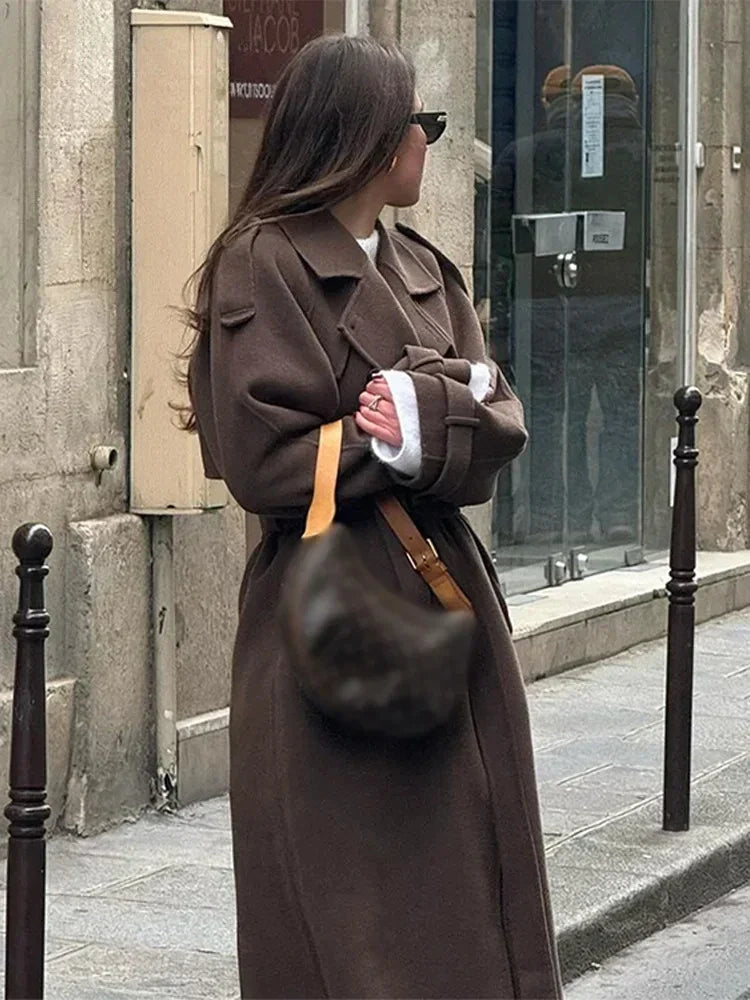 Women's Wool-Look Double-Breasted Overcoat with Tie Belt