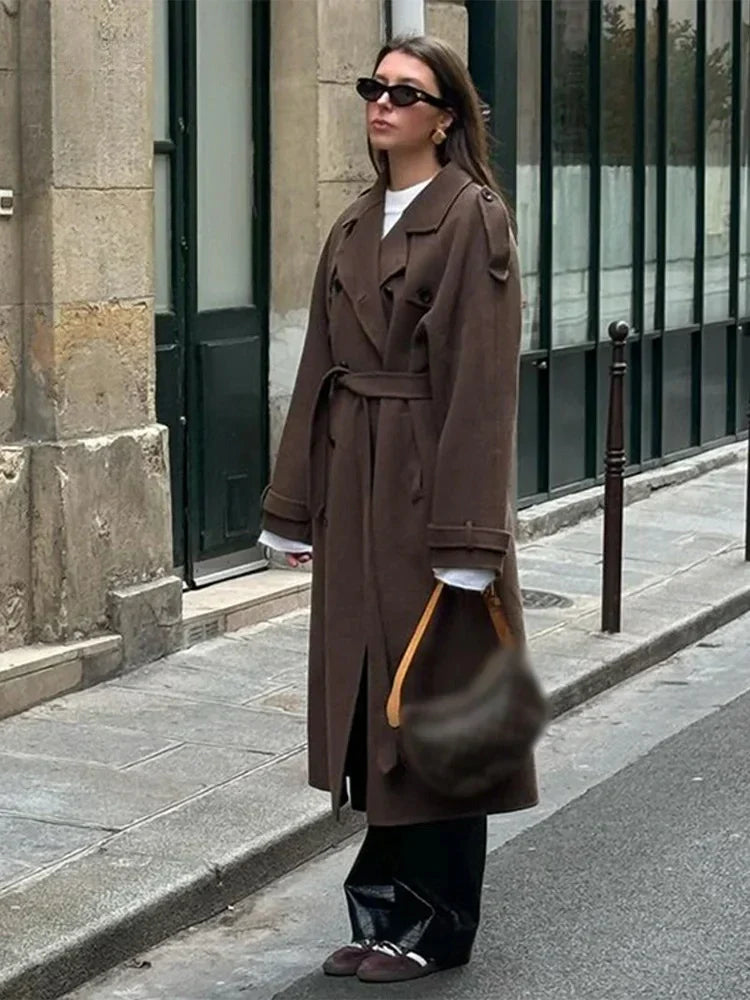 Women's Wool-Look Double-Breasted Overcoat with Tie Belt