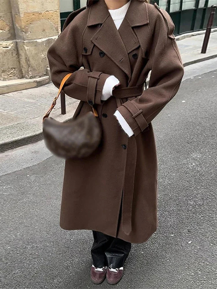 Women's Wool-Look Double-Breasted Overcoat with Tie Belt
