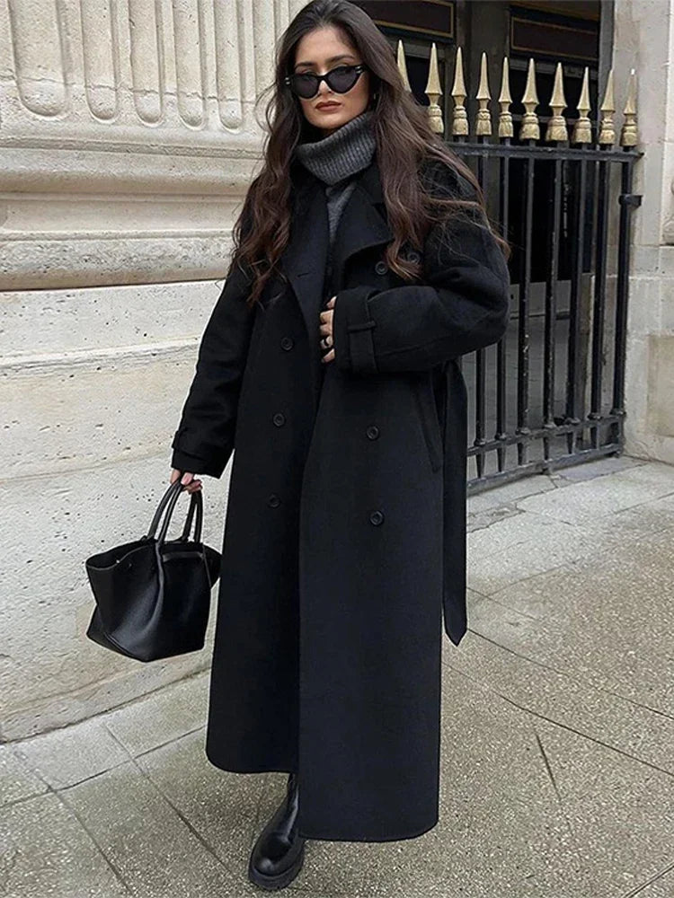 Women's Wool-Look Double-Breasted Overcoat with Tie Belt