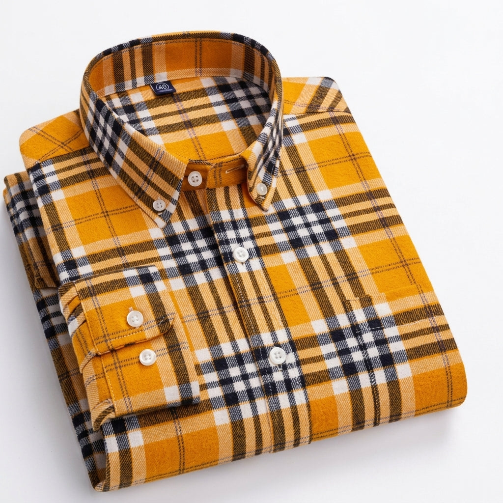 Men's Regular-Fit Long-Sleeve Plaid Button-Down Shirt - Mustard Yellow
