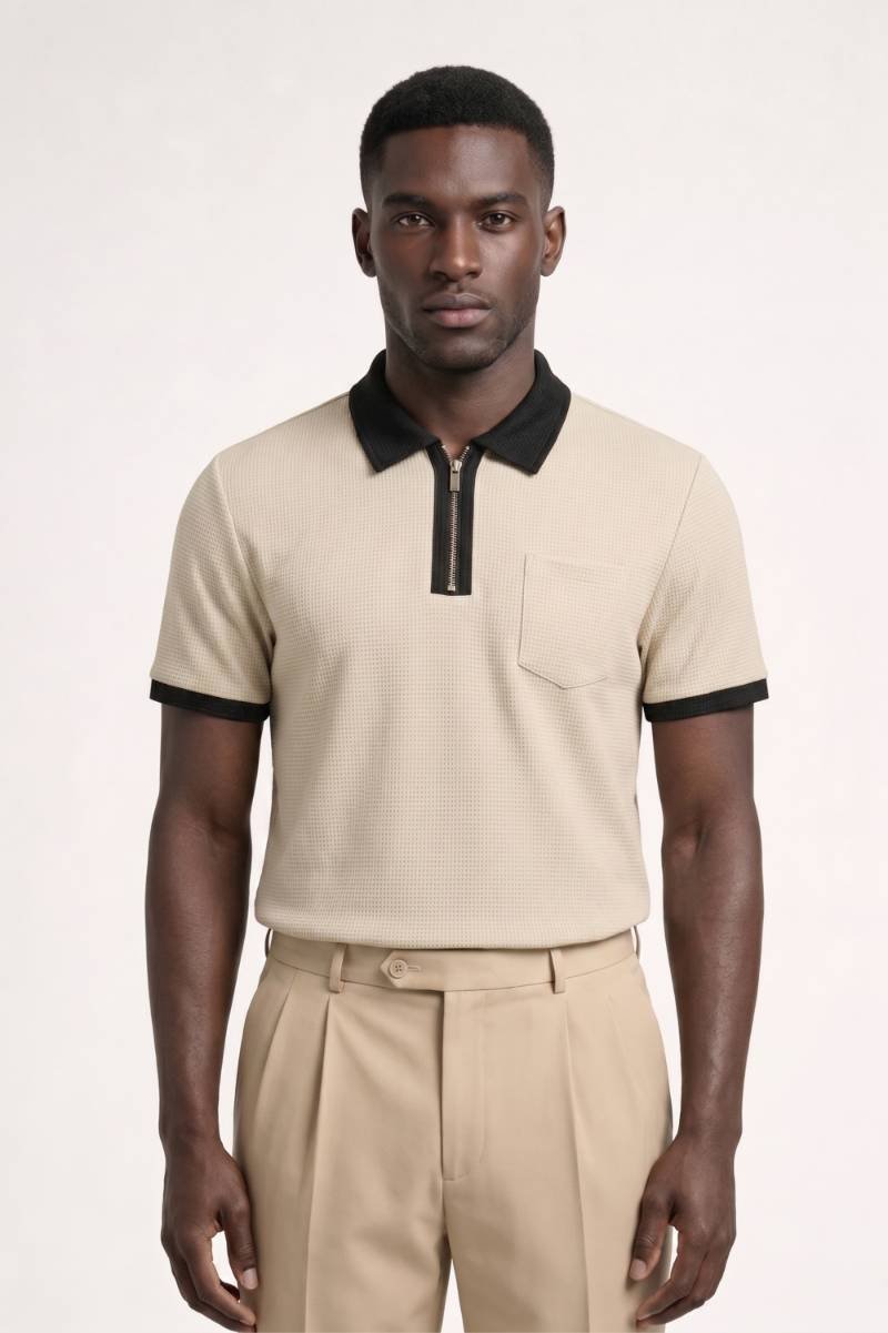 Men's Textured Zip Polo Shirt with Chest Pocket