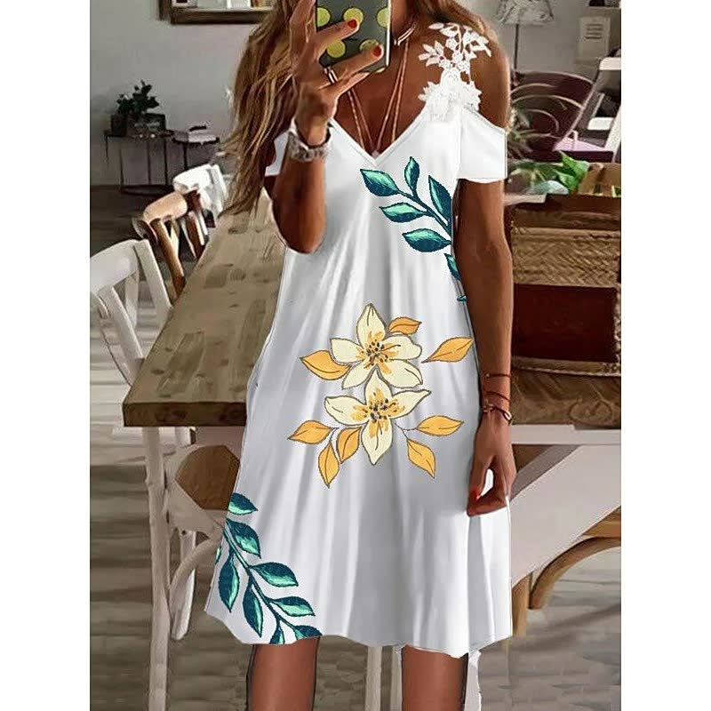Women's A-Line Dress Feather Print Cold Shoulder Summer