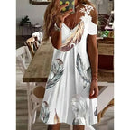Women's A-Line Dress Feather Print Cold Shoulder Summer