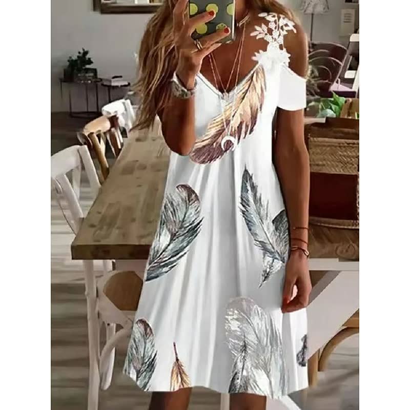 Women's A-Line Dress Feather Print Cold Shoulder Summer