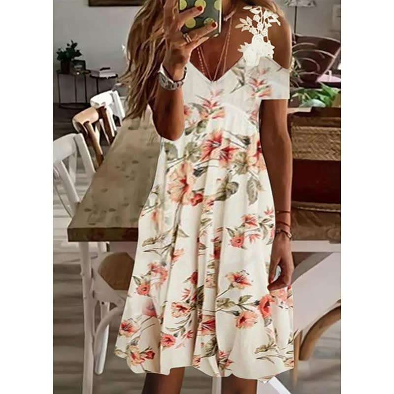 Women's A-Line Dress Feather Print Cold Shoulder Summer
