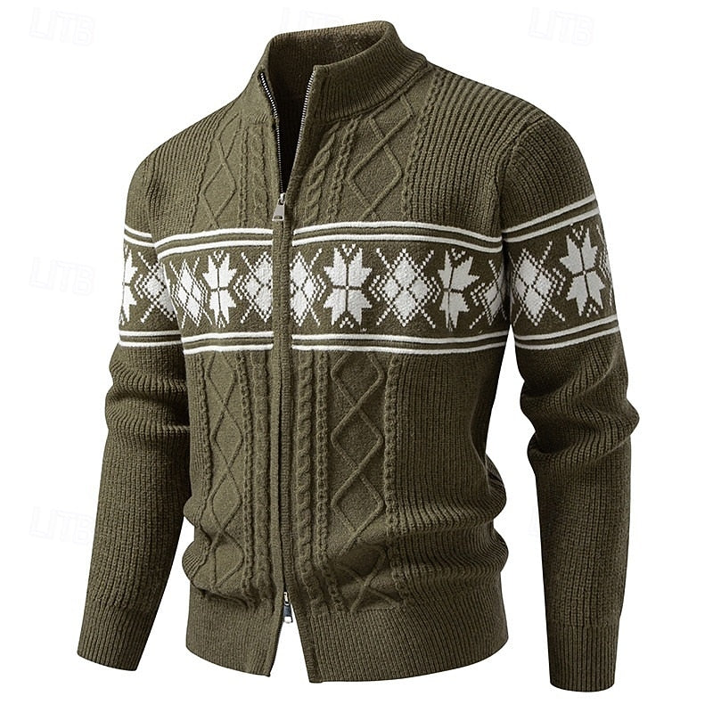 Women's Regular Fit Zip-Front Cardigan in Fair Isle Rib - Military Green