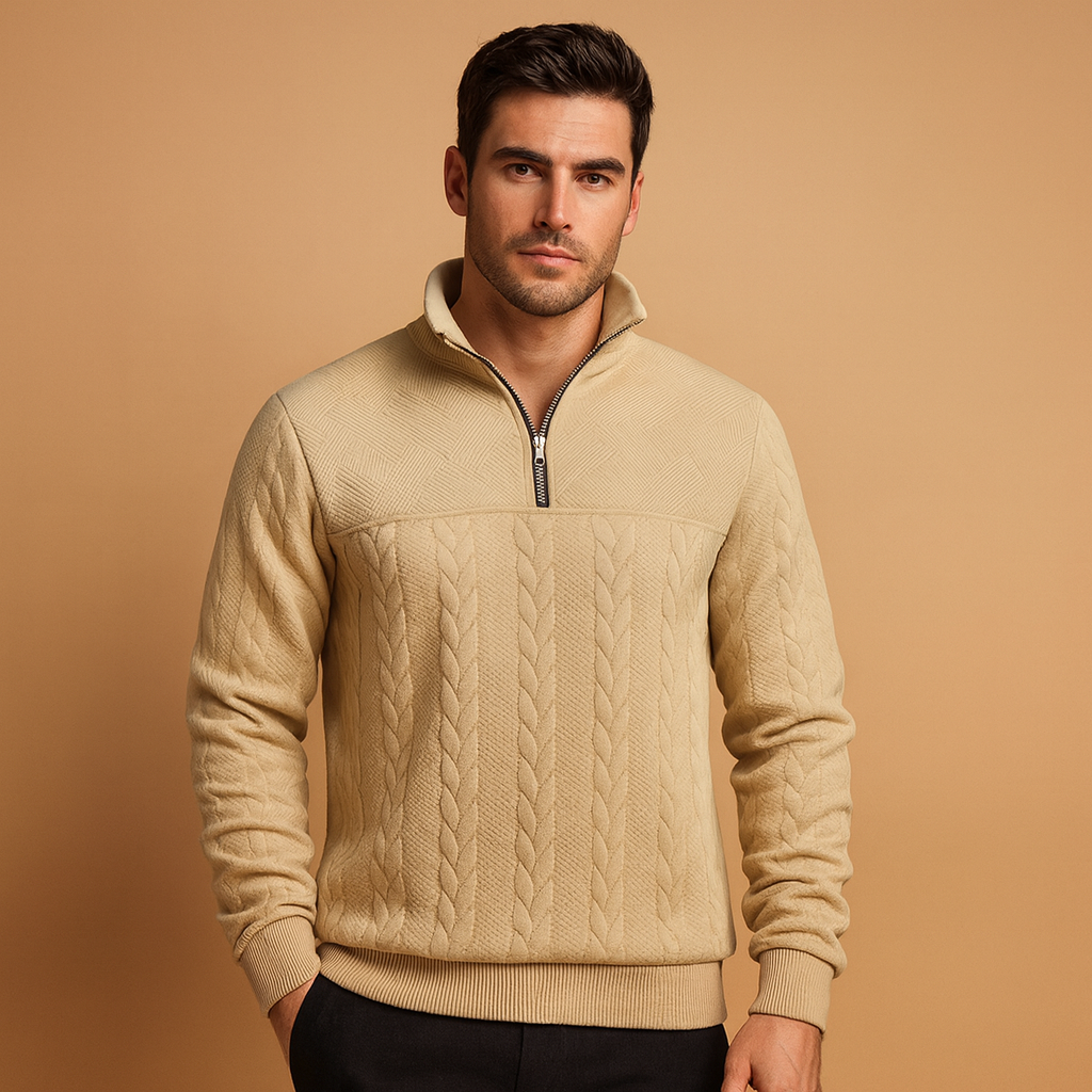 Men's Stand Collar Quarter-Zip Cable Pullover - Beige