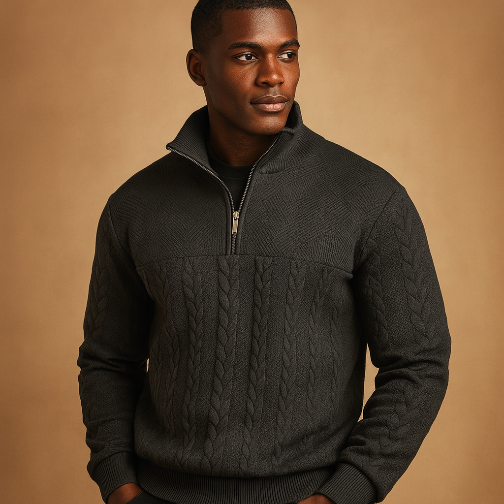 Men's Stand Collar Quarter-Zip Cable Pullover - Black