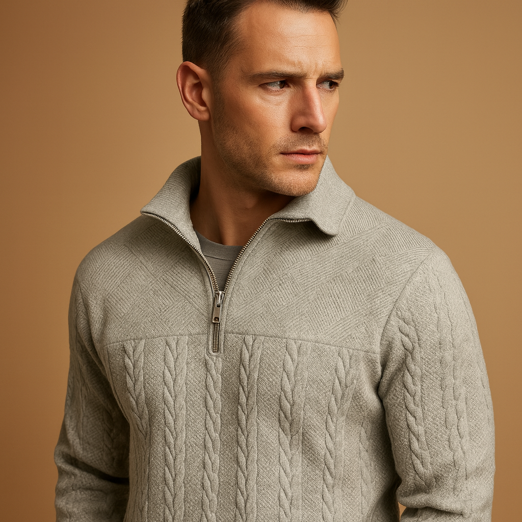 Men's Stand Collar Quarter-Zip Cable Pullover - Gray